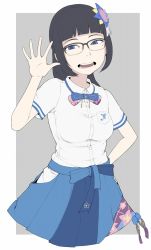 Rule 34 | 1girl, aoi ch., bespectacled, black hair, blue eyes, blue skirt, breast pocket, breasts, collared shirt, eyebrows, flat color, fuji aoi, glasses, hair ornament, highres, hip vent, ina (gokihoihoi), long hair, looking at viewer, medium breasts, mole, mole under eye, open mouth, pocket, shirt, skirt, smile, solo, teeth, upper body, virtual youtuber, white shirt