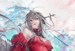Rule 34 | 1girl, ahoge, arknights, bare shoulders, closed mouth, cropped, cropped legs, frills, hair between eyes, hair ribbon, highres, kurikabacha, lipstick, long hair, looking at viewer, makeup, official alternate costume, red eyes, red lips, ribbon, skadi (arknights), skadi the corrupting heart (arknights), solo, symbol-only commentary, upper body