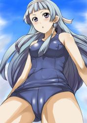 Rule 34 | 00s, 1girl, blue hair, blunt bangs, blush, breasts, cameltoe, cholesenel, covered erect nipples, day, fat mons, hair tubes, kannagi, long hair, nagi, one-piece swimsuit, purple eyes, school swimsuit, sky, small breasts, solo, swimsuit