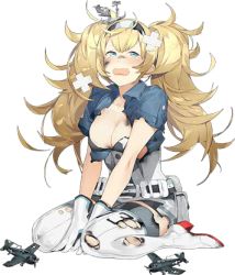 Rule 34 | 1girl, akira (kadokawa), blonde hair, blue eyes, breasts, burnt clothes, cleavage, full body, gambier bay (kancolle), gloves, kantai collection, large breasts, long hair, lowres, official art, open mouth, sitting, solo, torn clothes, transparent background, white gloves