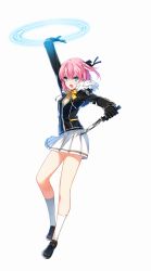 Rule 34 | 1girl, arm up, black gloves, blue eyes, closers, full body, furrowed brow, gloves, hair ribbon, highres, holding, holding weapon, knife, loafers, long sleeves, looking at viewer, official art, one side up, open mouth, pink hair, pleated skirt, ribbon, seulbi lee, shoes, simple background, skirt, solo, weapon, white background, white legwear