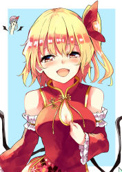 Rule 34 | 2girls, alternate breast size, alternate costume, blonde hair, blue background, blush, breasts, china dress, chinese clothes, cleavage, cleavage cutout, clothing cutout, deetamu, detached sleeves, dress, fang, flandre scarlet, frilled sleeves, frills, hair ribbon, half-closed eyes, hat, highres, light purple hair, looking at viewer, medium breasts, multiple girls, one side up, open mouth, outside border, red dress, red eyes, red ribbon, remilia scarlet, ribbon, smile, solo focus, touhou, upper body, white background, wings