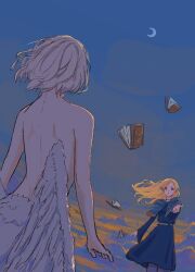 Rule 34 | 2girls, arm at side, back, beckoning, belt, blonde hair, blue capelet, blue robe, blue sky, body fur, book, capelet, cloud, crescent moon, cuvier3240, dungeon meshi, dutch angle, elf, facing another, falin touden, feathered wings, floating, floating book, floating hair, floating object, grey hair, hand up, highres, hood, hood down, hooded capelet, long hair, long sleeves, looking at another, marcille donato, monster girl, moon, multiple girls, nude, outstretched arm, pants, parted bangs, pointy ears, robe, sandals, short hair, single wing, sky, spoilers, sunlight, twilight, white pants, wings