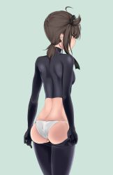 Rule 34 | 1girl, ass, back, bad id, bad pixiv id, blush, bodysuit, breasts, brown eyes, brown hair, closed mouth, commentary request, cowboy shot, from behind, hair between eyes, hair flaps, hatsuzuki (kancolle), highres, kantai collection, low ponytail, medium breasts, nn tasu, panties, short hair, simple background, skindentation, solo, standing, string panties, thighs, underwear, underwear only