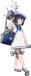 Rule 34 | 1girl, bag, black hair, blue eyes, blue sailor collar, daitou (kancolle), depth charge, depth charge projector, dress, full body, grin, hand up, hat, kantai collection, looking at viewer, mary janes, official art, rigging, sailor collar, sailor dress, sailor hat, shibafu (glock23), shoes, short ponytail, shoulder bag, smile, solo, transparent background, turret, white legwear