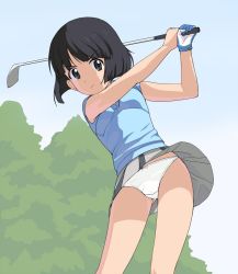 Rule 34 | 1girl, a1 (initial-g), black eyes, black hair, blue gloves, blue shirt, blue sky, blunt bangs, bob cut, bow, bow panties, casual, clear sky, closed mouth, commentary request, crotch seam, day, frown, girls und panzer, gloves, gluteal fold, golf, golf club, grey skirt, holding, holding golf club, leaning to the side, miniskirt, outdoors, panties, pantyshot, playing sports, pleated skirt, shirt, short hair, single glove, skirt, sky, sleeveless, sleeveless shirt, solo, sono midoriko, standing, thighs, underwear, v-neck, wind, wind lift