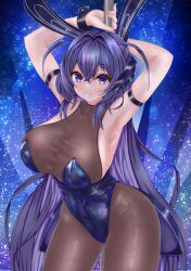 Rule 34 | 1girl, :3, absurdres, animal ears, arm strap, armpits, arms up, azur lane, bare shoulders, black leotard, blue eyes, blue hair, bodystocking, breasts, cleavage, closed mouth, coattails, commentary request, covered collarbone, cowboy shot, crossed bangs, fake animal ears, hair between eyes, hair intakes, headgear, highres, large breasts, leotard, long hair, looking at viewer, new jersey (azur lane), new jersey (exhilarating steps!) (azur lane), official alternate costume, pantyhose, playboy bunny, pole, pole dancing, presenting armpit, rabbit ears, see-through, see-through cleavage, sidelocks, smile, solo, standing, strapless, strapless leotard, stripper pole, very long hair, wrist cuffs, yanmaa (yanmar195)