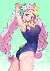 Rule 34 | 1girl, armpits, arms up, ass, blue eyes, braid, breasts, cleavage, competition swimsuit, cure felice, flower, green eyes, ha-chan (mahou girls precure!), hair flower, hair ornament, hanami kotoha, large breasts, long hair, looking at viewer, magical girl, mahou girls precure!, multicolored eyes, one-piece swimsuit, pink eyes, pink hair, precure, puffy nipples, rumo, smile, solo, swimsuit, twin braids