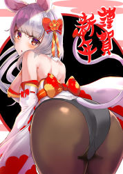 Rule 34 | 1girl, :p, animal ears, ass, bow, breasts, commentary request, from behind, hair bow, happy new year, japanese clothes, kimono, large breasts, leaning forward, long hair, looking at viewer, looking back, new year, nigouu, original, pantyhose, parted lips, red bow, red eyes, sideboob, silver hair, tail, tongue, tongue out, translation request