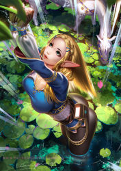 Rule 34 | 1girl, arms up, blonde hair, breasts, fingerless gloves, flower, gloves, green eyes, highres, horse, leaf, liang xing, lily pad, looking up, nintendo, pants, parted lips, partially submerged, pointy ears, princess zelda, standing, the legend of zelda, the legend of zelda: breath of the wild, tight clothes, tight pants, water