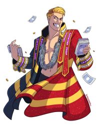 1boy banknote blonde_hair cloak dollar_bill highres holding holding_money male_focus money nadia_fazilla new_japan_pro_wrestling okada_kazuchika red_cloak short_hair signature simple_background smile smirk wrestling