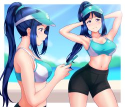 Rule 34 | 1girl, absurdres, arms behind head, arms up, bike shorts, black legwear, blue hair, blue scrunchie, blurry, blurry background, breasts, cellphone, cowboy shot, from side, heavy breathing, highres, large breasts, long hair, looking at viewer, love live!, love live! sunshine!!, matsuura kanan, multiple views, navel, open mouth, phone, ponytail, purple eyes, scrunchie, shiny faiyaa, sidelocks, smartphone, smile, sports bra, tsumikiy, visor cap