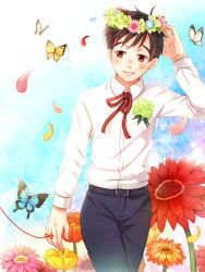 Rule 34 | 1boy, black hair, brown eyes, bug, butterfly, collared shirt, day, flower, head wreath, insect, jewelry, katsuki yuuri, male focus, outdoors, petals, ring, shirt, smile, solo, string, string of fate, twc (p-towaco), yuri!!! on ice