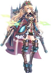 Rule 34 | 1girl, artist request, black ribbon, blonde hair, blue dress, blue eyes, boots, capelet, castle, crown, dress, dual wielding, flower, full body, gun, hair between eyes, hair flower, hair ornament, hair ribbon, high ponytail, holding, holding gun, holding weapon, kronborg (oshiro project), long hair, looking at viewer, official art, oshiro project:re, oshiro project:re, platform boots, platform footwear, ribbon, solo, thigh boots, thighhighs, transparent background, very long hair, weapon