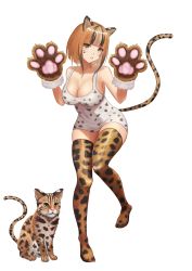Rule 34 | 1girl, abeen jhong, absurdres, animal ears, animal hands, bare shoulders, blonde hair, blunt bangs, breasts, brown hair, cat, cleavage, collarbone, commentary request, full body, highres, large breasts, medium hair, no shoes, original, shirt, simple background, solo, tagme, tail, thighhighs, tiger ears, tiger paws, tiger tail, white background, white shirt