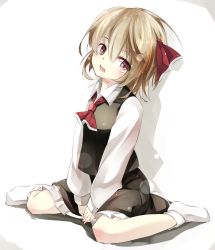 Rule 34 | 1girl, ascot, bloomers, gorilla (bun0615), hair ribbon, highres, long sleeves, looking at viewer, open mouth, red eyes, ribbon, rumia, shirt, sitting, skirt, skirt set, solo, touhou, underwear, v arms, vest, wariza