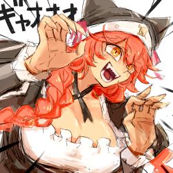 Rule 34 | 1girl, breasts, claws, cleavage, dark-skinned female, dark skin, fangs, hat, lowres, lupusregina beta, maid, notoro, open mouth, overlord (maruyama), red hair, sharp nails, solo, yellow eyes