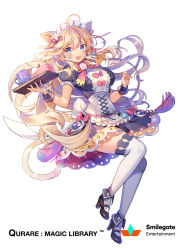 Rule 34 | 1girl, animal ears, blonde hair, blue eyes, blush, bow, breasts, cake, cat ears, company name, copyright name, food, high heels, holding, holding tray, large breasts, long hair, looking at viewer, maid, maid headdress, official art, open mouth, pink bow, qurare magic library, smile, solo, teeth, thighhighs, tray, white thighhighs, yeonwa