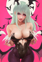 Rule 34 | 1girl, absurdres, bat (animal), bat wings, black hair, breasts, bridal gauntlets, cleavage, clothing cutout, collarbone, commentary, covered abs, covered navel, demon girl, english commentary, eyelashes, eyeliner, eyeshadow, fingerless gloves, full moon, fur trim, gloves, gluteal fold, green eyes, green hair, head tilt, head wings, heart cutout, highres, large breasts, leotard, lips, long hair, looking at viewer, low wings, makeup, monori rogue, moon, morrigan aensland, nail polish, pantyhose, parted lips, pink background, pink eyeshadow, pink gloves, pink nails, purple pantyhose, purple wings, shiny clothes, smile, solo, strapless, strapless leotard, thick eyebrows, thigh gap, vampire (game), wings
