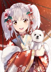 Rule 34 | 1girl, :d, absurdres, animal, animal ears, bell, blush, brown eyes, chinese zodiac, choker, commentary request, derori, dog, dog ears, floral print, flower, fur trim, hair between eyes, hair flower, hair ornament, highres, holding, holding umbrella, japanese clothes, jingle bell, kimono, long hair, long sleeves, looking at viewer, neck bell, nengajou, new year, oil-paper umbrella, open mouth, original, pink flower, print kimono, red choker, red kimono, silver hair, smile, solo, teeth, twintails, umbrella, upper teeth only, wide sleeves, year of the dog