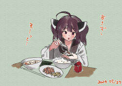 Rule 34 | 1girl, :o, ahoge, blush, bowl, brown eyes, brown hair, commentary request, dated, food, food request, green background, headgear, holding, holding spoon, japanese clothes, kimono, lamb (hitsujiniku), long sleeves, parted lips, plate, rice, solo, spoon, table, touhoku kiritan, translation request, tray, twintails, upper body, voiceroid, white kimono, wide sleeves