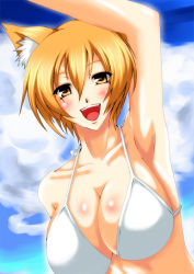 Rule 34 | 1girl, animal ears, arm up, armpits, bad id, bad pixiv id, bikini, blonde hair, breasts, cleavage, cloud, day, female focus, gradient background, iwamoto eiri, large breasts, no headwear, outdoors, short hair, sky, smile, solo, swimsuit, touhou, upper body, white bikini, yakumo ran, yellow eyes