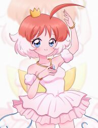 Rule 34 | absurdres, ahoge, arm up, ballerina, ballet, ballet dress, bare shoulders, bead bracelet, beads, blue ribbon, bracelet, brown hair, chellyko, closed mouth, collarbone, colored tips, crown, dot nose, dress, eyelashes, fake wings, gem, gold collar, gold necklace, hand on own chest, hand up, highres, jewelry, layered dress, medium bangs, multicolored hair, necklace, pink dress, princess tutu, princess tutu (character), ribbon, short hair, sleeveless, sleeveless dress, smile, solo, swept bangs, two-tone hair, white background, wings, zoom layer