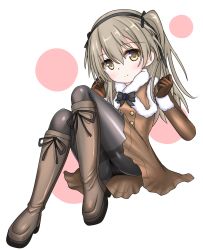 Rule 34 | 1girl, black bow, black bowtie, black pantyhose, black ribbon, boots, bow, bowtie, brown cape, brown dress, brown eyes, brown footwear, brown gloves, cape, capelet, closed mouth, commentary, dress, floating, full body, fur-trimmed capelet, fur trim, girls und panzer, gloves, hair ribbon, highres, knee boots, langley1000, light brown hair, long hair, long sleeves, looking at viewer, one side up, panties, panties under pantyhose, pantyhose, ribbon, shimada arisu, short dress, simple background, smile, solo, thighband pantyhose, underwear, white background, winter clothes