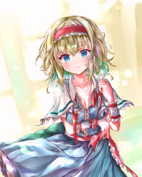 Rule 34 | 1girl, :s, absurdres, alice margatroid, arm under breasts, blonde hair, bloom, blue dress, blue eyes, blush, breast hold, breasts, capelet, cleavage, closed mouth, collarbone, commentary request, cowboy shot, dress, frilled cuffs, frills, hairband, highres, huge filesize, ikazuchi akira, lolita hairband, looking at viewer, medium breasts, petticoat, red hairband, red ribbon, ribbon, short hair, solo, touhou, window