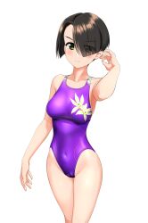 Rule 34 | 1girl, absurdres, black hair, blurry, blurry background, bob cut, breasts, commentary request, competition swimsuit, covered navel, cowboy shot, floral print, girls und panzer, green eyes, hair over one eye, highres, inverted bob, medium breasts, multicolored clothes, multicolored swimsuit, one-piece swimsuit, purple one-piece swimsuit, short hair, simple background, solo, swimsuit, takafumi, vanilla (girls und panzer), variant set, white background