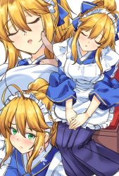 Rule 34 | ..., 1girl, ahoge, alternate costume, artoria pendragon (fate), artoria pendragon (lancer) (fate), blonde hair, blush, commentary request, closed eyes, fate/grand order, fate (series), green eyes, hair between eyes, hakama, hakama skirt, japanese clothes, long hair, looking at viewer, maid, maid headdress, multiple views, open mouth, ponytail, pout, shirokuma a, simple background, sitting, skirt, sleeping, translation request, wa maid, white background