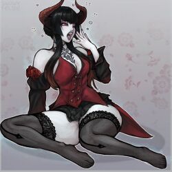 Rule 34 | 1girl, black hair, black skirt, bodice, breasts, brown hair, chest tattoo, cleavage, commentary, demon horns, detached sleeves, eliza (tekken), english commentary, eyeshadow, flower, full body, gothic lolita, gradient hair, grey thighhighs, highres, horns, lace, lace-trimmed legwear, lace trim, lipstick, lolita fashion, makeup, medium breasts, miniskirt, multicolored hair, neck tattoo, one eye closed, open mouth, pale skin, purple eyeshadow, purple lips, purple nails, red flower, red rose, rose, short hair with long locks, sitting, skirt, sleepy, slit pupils, snowyfeline, solo, squeans, tattoo, tekken, tekken 7, tekken revolution, thick thighs, thighhighs, thighs, vampire, yawning, yellow eyes, yokozuwari