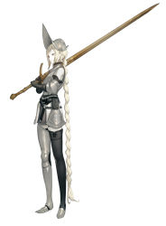 Rule 34 | 1girl, armor, armored boots, asymmetrical legwear, black gloves, blonde hair, boots, braid, braided ponytail, breastplate, commentary request, faulds, full body, gloves, greatsword, helmet, highres, holding, holding sword, holding weapon, km yama, long hair, original, over shoulder, plate armor, single thighhigh, solo, standing, sword, thigh boots, thighhighs, very long hair, weapon, weapon over shoulder, white background, yellow eyes, zweihander