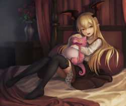 Rule 34 | 10s, 1girl, :d, bat wings, besu, black skirt, black thighhighs, blanket, blonde hair, collared shirt, curtains, dragon, fang, fingernails, flower, frilled shirt collar, frilled skirt, frills, granblue fantasy, hair between eyes, head wings, highres, indoors, knees together feet apart, leaf, leaning back, long hair, long sleeves, looking away, looking to the side, malinda (shingeki no bahamut), miniskirt, no shoes, on bed, open mouth, orange eyes, pillow, plant, pointy ears, pot, potted plant, red flower, red rose, rose, shingeki no bahamut, shirt, sitting, skirt, smile, solo, t@kuyoa, thighhighs, vampire, vampy, white shirt, wings, zettai ryouiki
