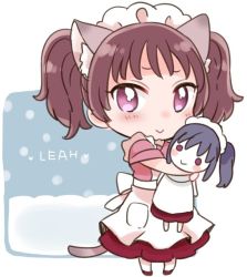 Rule 34 | 1girl, :&gt;, animal ears, apron, blue hair, blush, brown hair, cat ears, cat tail, character doll, character name, chibi, commentary request, doll, full body, holding, holding doll, izumi kirifu, kazuno leah, kazuno sarah, kemonomimi mode, looking at viewer, love live!, love live! sunshine!!, maid, maid headdress, purple eyes, red footwear, red skirt, short sleeves, side ponytail, skirt, smile, snow, snowing, solo, standing, tail, twintails, wa maid, waist apron, white apron
