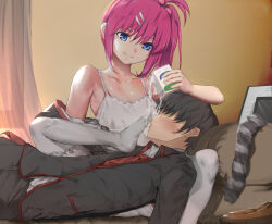 Rule 34 | 1boy, 1girl, black hair, blue eyes, couch, faceless, faceless male, hair bobbles, hair ornament, hairclip, highres, jinsai sa sa, little busters!, lying, milk, milk carton, on couch, panties, pouring, pouring onto self, purple hair, saigusa haruka, school uniform, smile, striped clothes, striped thighhighs, thighhighs, underwear, vest, white panties, white thighhighs, white vest