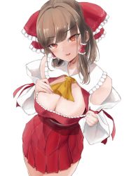 Rule 34 | 1girl, adapted costume, breasts, brown eyes, brown hair, cleavage, cowboy shot, foreshortening, from above, hakurei reimu, highres, large breasts, long hair, looking at viewer, simple background, solo, touhou, white background, yamabukiiro (browncat)