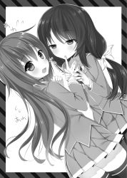 Rule 34 | 2girls, bad id, bad pixiv id, blush, embarrassed, finger sucking, finger to mouth, greyscale, hair ribbon, highres, long hair, looking at another, looking at viewer, looking back, monochrome, multiple girls, open \m/, original, ribbon, school uniform, skirt, thighhighs, yadapot, yuri, zettai ryouiki