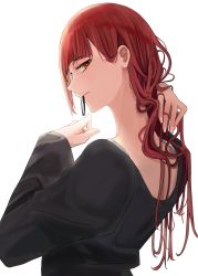 Rule 34 | 1girl, black shirt, brown eyes, chainsaw man, chisaku, closed mouth, from side, hair down, highres, long hair, long sleeves, looking at viewer, looking back, makima (chainsaw man), mouth hold, profile, red hair, shirt, simple background, solo, straight hair, white background
