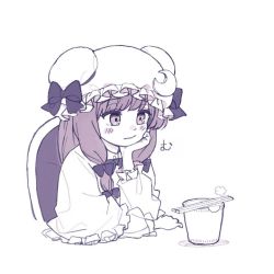 Rule 34 | 1girl, blush, bow, capelet, chair, chopsticks, commentary, crescent, elbow rest, frills, hair bow, hat, hat bow, instant ramen, long hair, long sleeves, mob cap, monochrome, nissin cup noodle, patchouli knowledge, simple background, sitting, solo, steam, touhou, upper body, waiting, white background, you taira