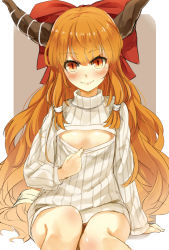 Rule 34 | 1girl, alternate costume, blush, bow, breasts, cleavage cutout, clothing cutout, hair bow, highres, horns, ibuki suika, long hair, looking at viewer, matching hair/eyes, meme attire, nishiuri, open-chest sweater, orange eyes, orange hair, pointy ears, simple background, small breasts, smile, solo, sweater, touhou, turtleneck