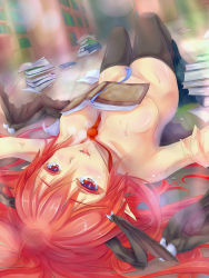 Rule 34 | 1girl, ahoge, between breasts, black thighhighs, blurry, blush, bokeh, book, book on breasts, book stack, bookshelf, breasts, censored, cleavage, clothes pull, collarbone, convenient censoring, covering privates, covering breasts, demon girl, demon wings, depth of field, dunceneygak, fangs, groin, head wings, heavy breathing, highres, koakuma, long hair, looking at viewer, lying, medium breasts, messy hair, naughty face, necktie, necktie between breasts, nude, on back, on floor, open book, paper, pointy ears, red eyes, red hair, red necktie, ribbon, skirt, skirt pull, solo, sweat, thighhighs, tongue, tongue out, touhou, upside-down, wings