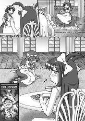 Rule 34 | 3girls, 4koma, @ (symbol), @ @, apron, arm support, asphyxiation, bow, chair, choking on object, clenched hands, comic, cookie, coru, cuey c lops, cup, food, gloves, greyscale, hair bow, hair ribbon, hand up, highres, maid, maid apron, maid headdress, mary janes, monochrome, motion lines, multiple girls, musical note, original, pillar, puffy short sleeves, puffy sleeves, rakurakutei ramen, ran straherz, ribbon, saucer, shoes, short sleeves, sign, silent comic, sitting, sliding, sweat, sweatdrop, table, teacup, tears, tile floor, tiles, tongue, tongue out, trembling, two side up, warning sign, whistling, yokozuwari