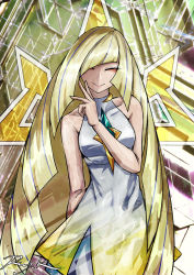 Rule 34 | 1girl, bare arms, bare shoulders, blonde hair, breasts, closed eyes, closed mouth, collarbone, commentary request, creatures (company), dress, eyelashes, eyeshadow, game freak, hair over one eye, hand up, highres, long hair, lusamine (pokemon), makeup, nintendo, pokemon, pokemon sm, ray-k, sleeveless, sleeveless dress, smile, solo, very long hair