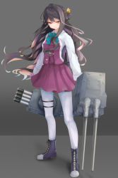 Rule 34 | 1girl, black hair, blue ribbon, boots, cannon, closed mouth, commentary request, cross-laced footwear, from side, full body, grey pantyhose, gun, hair between eyes, hair ribbon, half-closed eyes, hand in own hair, hand up, highres, holding, holding gun, holding weapon, kantai collection, lace-up boots, long hair, long sleeves, looking at viewer, momin, multicolored hair, naganami (kancolle), neck ribbon, pantyhose, ponytail, ribbon, rigging, shirt, sidelocks, simple background, smile, solo, standing, torpedo tubes, wavy hair, weapon, white pantyhose, white shirt, yellow eyes