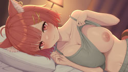 Rule 34 | 1girl, animal ear fluff, bed sheet, breasts, camisole, camisole lift, cleavage, closed mouth, clothes lift, collarbone, covered erect nipples, hair ornament, hairclip, highres, lamp, large breasts, lips, looking at viewer, lying, nijisanji, nipples, on bed, on side, one breast out, pillow, ratna petit, red eyes, red hair, short hair, smile, solo, tail, upper body, virtual youtuber, x hair ornament, yukamikayu