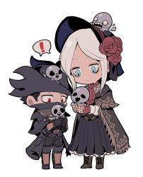 Rule 34 | !, 1boy, 1girl, ascot, black cloak, black coat, black dress, black footwear, black gloves, black hair, black pants, bloodborne, blue eyes, bonnet, boots, chibi, cloak, closed mouth, coat, commentary request, doll joints, dress, fingerless gloves, flower, full body, gloves, hat, holding, holding person, hunter (bloodborne), joints, knee boots, long coat, long dress, long sleeves, looking at another, mask, medium hair, messengers (bloodborne), ming (5unri5e666), mouth mask, o o, open mouth, pants, parted bangs, plain doll, red ascot, red eyes, red gloves, rose, shared speech bubble, shoes, short hair, silver hair, simple background, solid circle eyes, speech bubble, teeth, tricorne, vambraces, white background