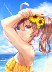 Rule 34 | 1girl, absurdres, ahoge, aircraft, airplane, arms up, beach, bikini, blue eyes, blue sky, brown hair, closed mouth, cloud, cloudy sky, commentary, contrail, day, flower, frilled bikini, frills, hair between eyes, hair flower, hair ornament, highres, hololive, looking at viewer, medium hair, natsuiro matsuri, natsuiro matsuri (hololive summer 2019), ocean, outdoors, ponytail, sky, smile, solo, sunflower, swimsuit, tan, tanline, upper body, virtual youtuber, wet, yellow bikini, yu hydra