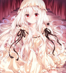 Rule 34 | 1girl, albino-chan (nogi takayoshi), bare shoulders, black ribbon, blush, breasts, cleavage, closed mouth, collarbone, dress, long hair, long sleeves, looking at viewer, low twintails, nightgown, nogi takayoshi, on bed, original, red eyes, ribbon, ribbon-trimmed clothes, ribbon trim, sitting, sleeves past wrists, small breasts, solo, twintails, veil, very long hair, white dress, white hair