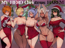 Rule 34 | 5girls, :d, animal ears, antlers, bare shoulders, bell, belt, belt collar, bikini, blonde hair, blue eyes, blurry, blurry background, blush, boku no hero academia, breasts, bright pupils, brown belt, brown legwear, christmas, christmas tree, cleavage, closed mouth, collar, commentary, condom, condom packet strip, condom wrapper, covered navel, dark-skinned female, dark skin, depth of field, dress, english commentary, english text, fake animal ears, female focus, gloves, gluteal fold, green eyes, hadou nejire, hair over one eye, hairband, hand on own hip, hands up, harem, hat, highleg, highleg bikini, highleg leotard, highres, holding, holding tray, horns, jingle bell, kendou itsuka, large breasts, leotard, long hair, looking at viewer, midriff, mirko, multiple girls, navel, neck bell, off-shoulder dress, off shoulder, one eye covered, open mouth, orange hair, pantyhose, parted bangs, pelvic curtain, playboy bunny, purple hair, rabbit ears, rabbit pose, rabbit tail, ratatatat74, red bikini, red dress, red eyes, red legwear, red leotard, reindeer antlers, ryuukyuu, santa bikini, santa costume, santa hat, sharp teeth, short dress, side ponytail, smile, standing, strapless, strapless leotard, swimsuit, tatsuma ryuuko, teeth, thigh gap, thighhighs, tokage setsuna, tongue, tongue out, tray, upper teeth only, white gloves, white pupils, yellow eyes